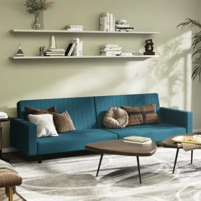 The Living Store Kavč dvosed z ležiščem moder žamet - Raztegljiv Kavč