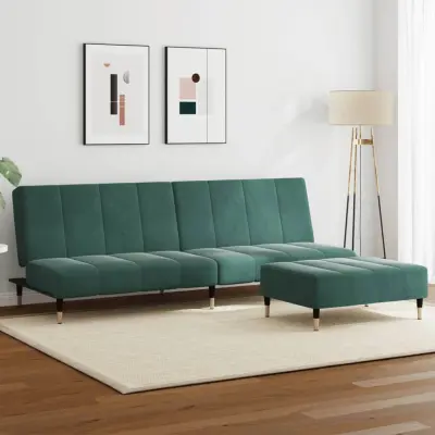The Living Store Kavč dvosed z ležiščem in stolčkom za noge temno zelen žamet - Kavč Z Ležiščem