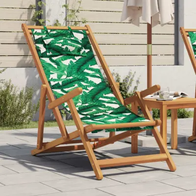 The Living Store Zložljiv stol vzorec listja trden evkaliptusov les in tkanina - Stol Za Plažo
