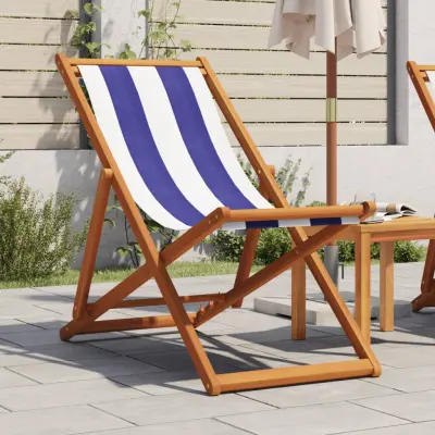 The Living Store Zložljiv stol moder in bel trden evkaliptusov les in tkanina - Stol Za Plažo