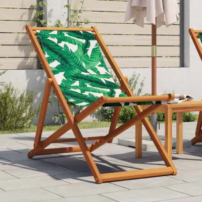 The Living Store Zložljiv stol vzorec listja trden evkaliptusov les in tkanina - Stol Za Plažo