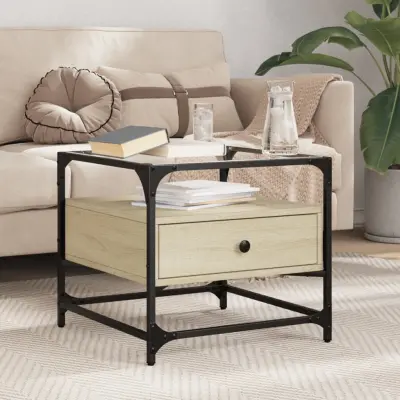 The Living Store Klubska mizica s steklom sonoma hrast 50x50x45 cm jeklo - Klubska Mizica