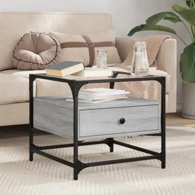 The Living Store Klubska mizica s steklom siva sonoma 50x50x45 cm jeklo - Klubska Mizica