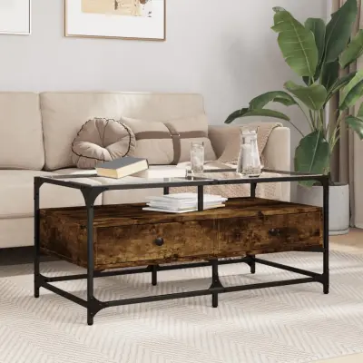 The Living Store Klubska mizica s steklom dimljeni hrast 98,5x50x45 cm jeklo - Klubska Mizica