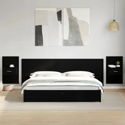 The Living Store Posteljno vzglavje z omaricami črno 240 cm inženirski les - Posteljno Vzglavje Z Omarico