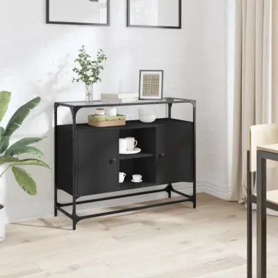The Living Store Komoda s stekleno ploščo črna 98x35x81 cm inženirski les - Komoda