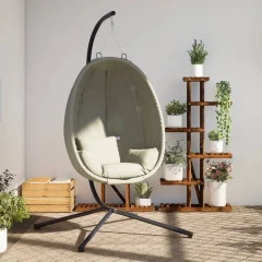 The Living Store Viseči stol jajček s stojalom bež blago in jeklo - Viseči Stol Jajček