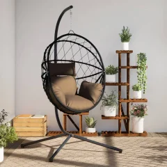 The Living Store Viseči stol jajček s stojalom taupe ratan in jeklo - Viseči Stol Jajček