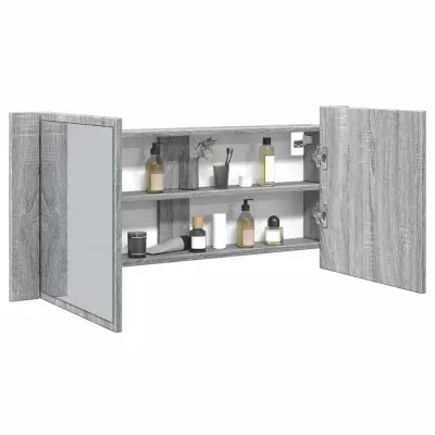 The Living Store LED kopalniška omarica z ogledalom siva sonoma 100x12x45 cm - LED Omarica Z Ogledalom