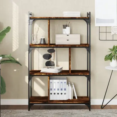 The Living Store Knjižna omara 4-nadstropna dimljen hrast 76x32x123 cm inž. les - Knjižna Omara
