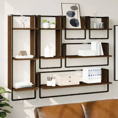 The Living Store Komplet stenskih polic s prečkami 6-delni rjavi hrast inž. les - Komplet Stenskih Polic