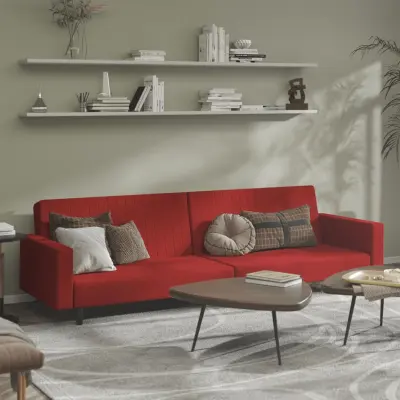 The Living Store Kavč dvosed z ležiščem vinsko rdeč žamet - Raztegljiv Kavč