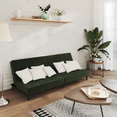 The Living Store Kavč dvosed z ležiščem temno zelen žamet - Raztegljiv Kavč