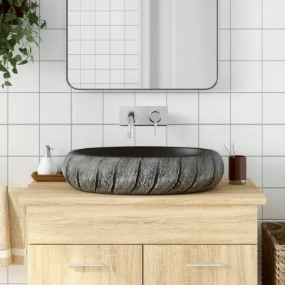 The Living Store Nadpultni umivalnik črn in siv ovalen 59x40x15 cm keramika - Nadpultni Umivalnik