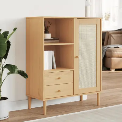 The Living Store Komoda SENJA videz ratana rjava 90x40x112 cm trdna borovina - Komoda
