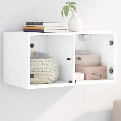 The Living Store Stenska omarica s steklenimi vrati bela 68,5x37x35 cm - Stenska Omarica