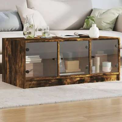 The Living Store Klubska mizica s steklenimi vrati dimljeni hrast 102x50x42 cm - Klubska Mizica