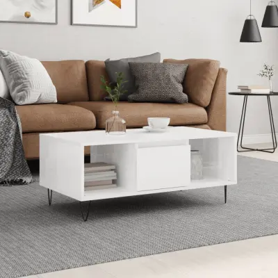 The Living Store Klubska mizica visok sijaj bela 90x50x36,5 cm inženirski les - Klubska Mizica