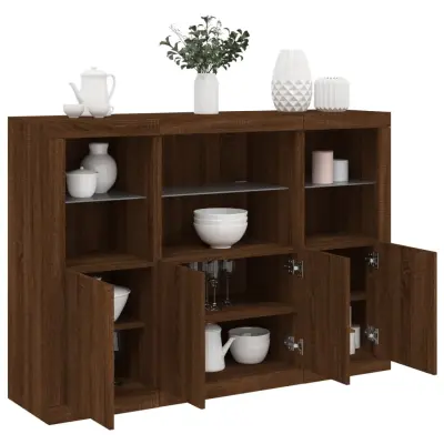 The Living Store Komoda z LED diodami 3 kosi rjavi hrast inženirski les - Komoda