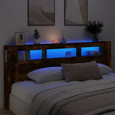 The Living Store LED posteljno vzglavje dimljen hrast 220x18,5x103,5 cm inž. les - LED Posteljno Vzglavje