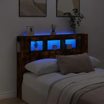 The Living Store LED posteljno vzglavje dimljen hrast 140x18,5x103,5 cm inž. les - LED Posteljno Vzglavje