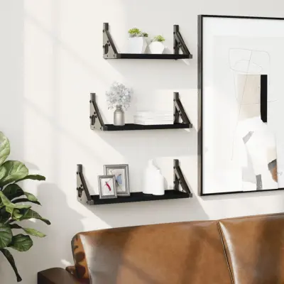 The Living Store Komplet stenskih polic 3-delni črn inženirski les - Komplet Stenskih Polic