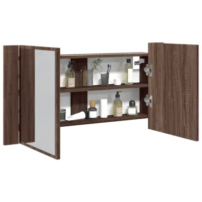 The Living Store LED kopalniška omarica z ogledalom rjavi hrast 90x12x45 akril - LED Omarica Z Ogledalom