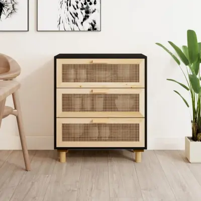 The Living Store Komoda črna 60x30x70 cm trdna borovina in naravni ratan - Komoda