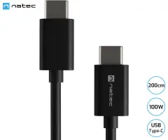 Kabel USB-C NATEC PRATI, 100W, 200cm, Power Delivery 3.0, univerzalna kompatibilnost, TPE, Velcro, barva: črna