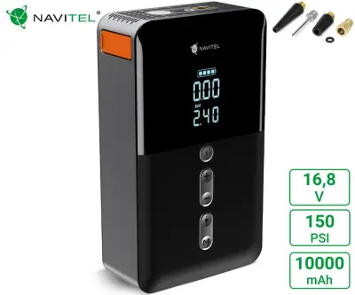Brezžična zračna tlačilka NAVITEL AIR 30 MULTI/zagonska baterija jump starter, 150PSI, 30L/min, 16,8V, polnilna baterija, LCD zaslon, merilnik tlaka,