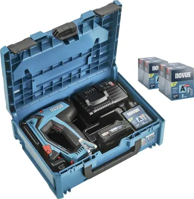 NOVUS TOOLS akumulatorska sponka J-550 set + 20.000 sponk - metaBOX - kompatibilna z 18V Li-Ion CAS baterijo - za fine žične sponke 6-14mm in žeblje 1