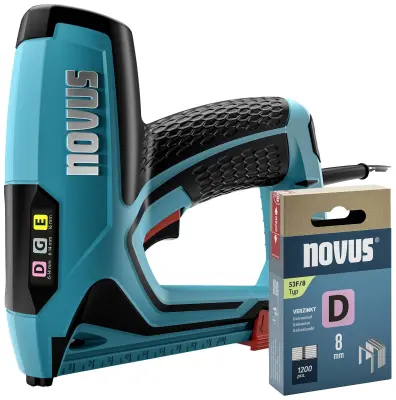 Električni spenjalnik Novus Tools J-151 set + 1200 ploščatih žičnih sponk - profesionalni spenjalnik za pritrjevanje folij in okrasnih trakov - dolžin