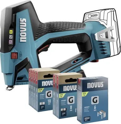NOVUS TOOLS baterijski spenjalnik J-551 set + 9.800 sponk - kompatibilen z 18V Li-Ion CAS baterijo - brez baterije in polnilca - za ploščate žične spo