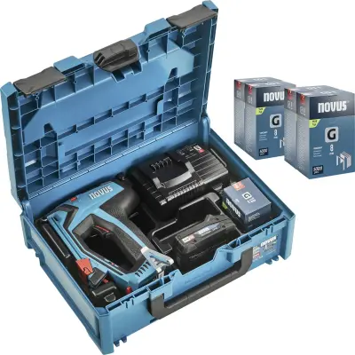 NOVUS TOOLS akumulatorska sponka J-551 set + 20.000 sponk - metaBOX - kompatibilen z 18V Li-Ion CAS baterijo - za ploščate žične sponke 6-14mm in žebl
