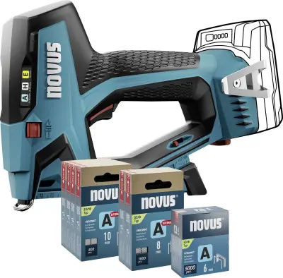 NOVUS TOOLS baterijski spenjalnik J-550 set + 11.800 sponk - združljiv z 18V Li-Ion CAS baterijo - brez baterije in polnilca - za fine žične sponke 6-