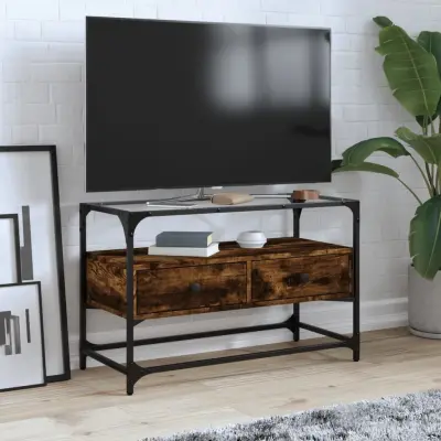 The Living Store TV omarica s stekleno ploščo dimljen hrast 80x35x51 cm inž. les - TV Omarica