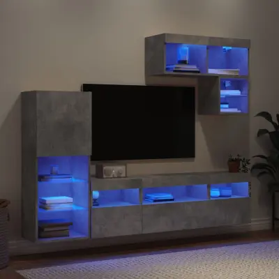 The Living Store Komplet TV omaric LED 6-delni betonsko siv inženirski les - Stenska TV Enota