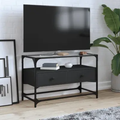 The Living Store TV omarica s stekleno ploščo črna 80x35x51 cm inženirski les - TV Omarica