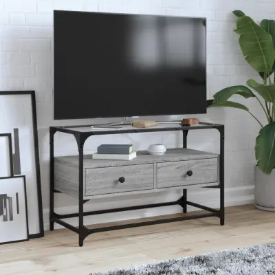 The Living Store TV omarica s stekleno ploščo siva sonoma 80x35x51 cm inž. les - TV Omarica