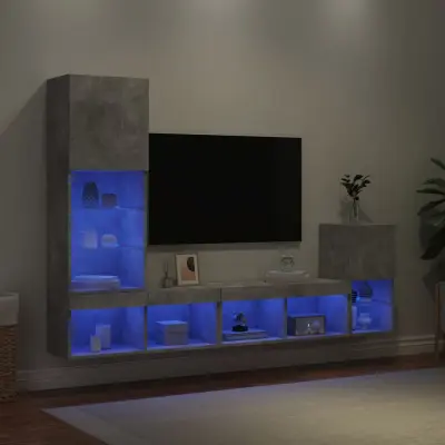 The Living Store Komplet TV omaric LED 4-delni betonsko siv inženirski les - Stenska TV Enota