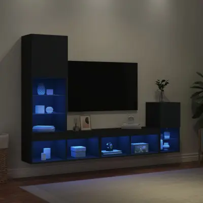 The Living Store Komplet TV omaric LED 4-delni črn inženirski les - Stenska TV Enota