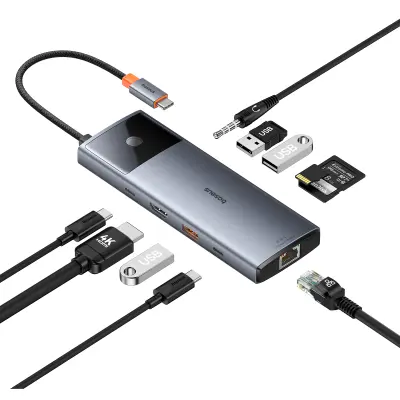 11v1 HUB adapter USB-C na USB-C PD USB-C 3x USB-A HDMI AUX RJ-45 SD TF siva