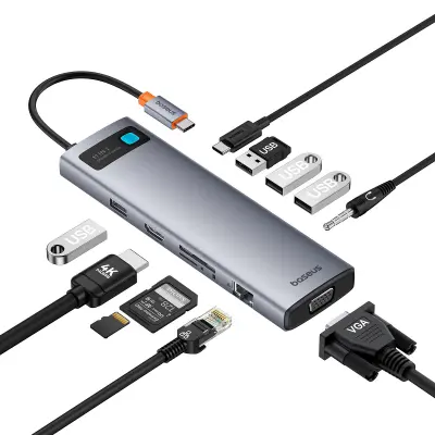11v1 HUB adapter USB-C na USB-C PD 4x USB HDMI VGA AUX RJ45 SD TF siva