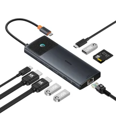 10v1 HUB adapter USB-C na USB-C PD / 3x USB-A / 2x HDMI / RJ-45 / SD / TF črn