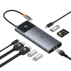 10v1 HUB adapter USB-C na HDMI / USB-A / USB-C / RJ45 / SD / TF / USB-C PD siv