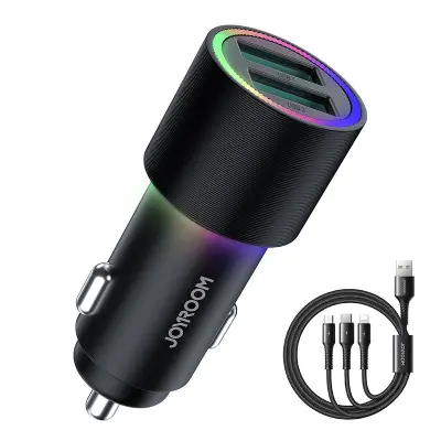 2x USB avtopolnilec + 3v1 USB-C / micro USB / Lightning kabel 1,2m - črn