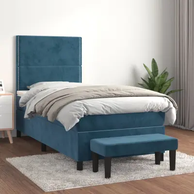 The Living Store Box spring postelja z vzmetnico temno modra 100x200 cm žamet - Box Spring Postelja