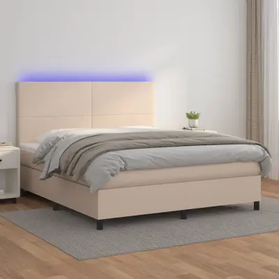 The Living Store Box spring postelja vzmetnico LED kapučino 180x200 cm um. usnje - Box Spring Postelja