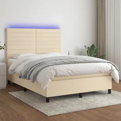 The Living Store Box spring postelja z vzmetnico LED krem 140x190 cm blago - Box Spring Postelja
