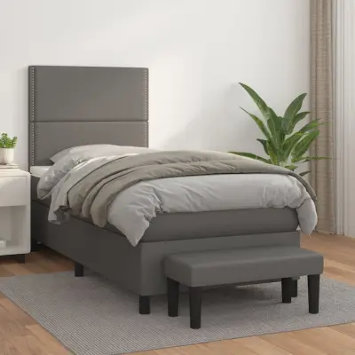 The Living Store Box spring postelja z vzmetnico siv 90x190 cm umetno usnje - Box Spring Postelja